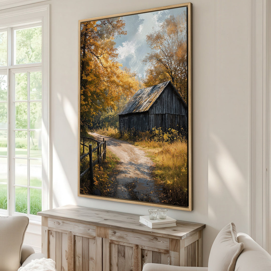 Framed Wall Art: Rustic barn scene with golden autumn trees. Warm, inviting color palette. Perfect for farmhouse decor.