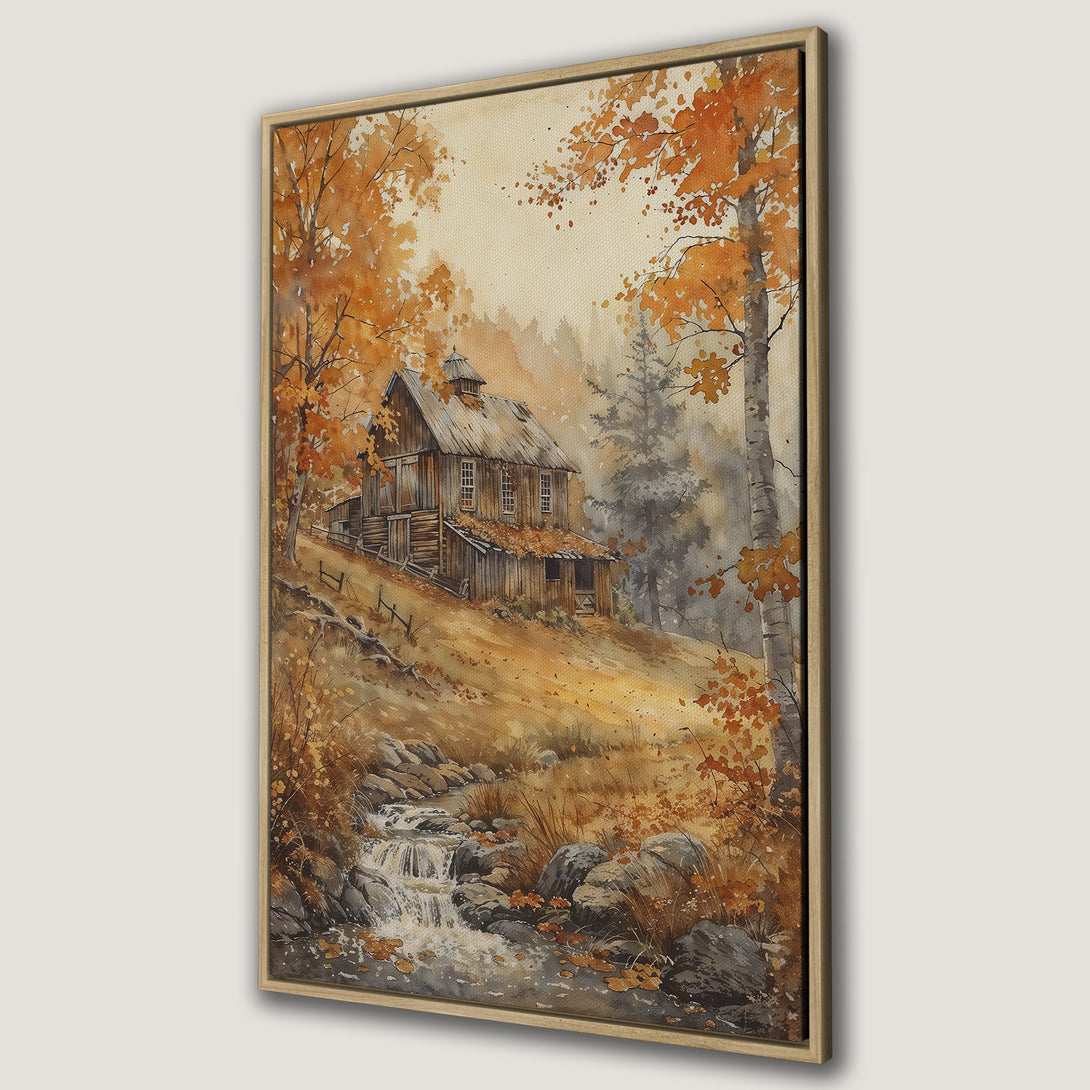 Framed Wall Art of a rustic barn in a watercolor style, featuring a warm autumn color palette with orange, brown, and gold tones. Perfect for cozy decor.