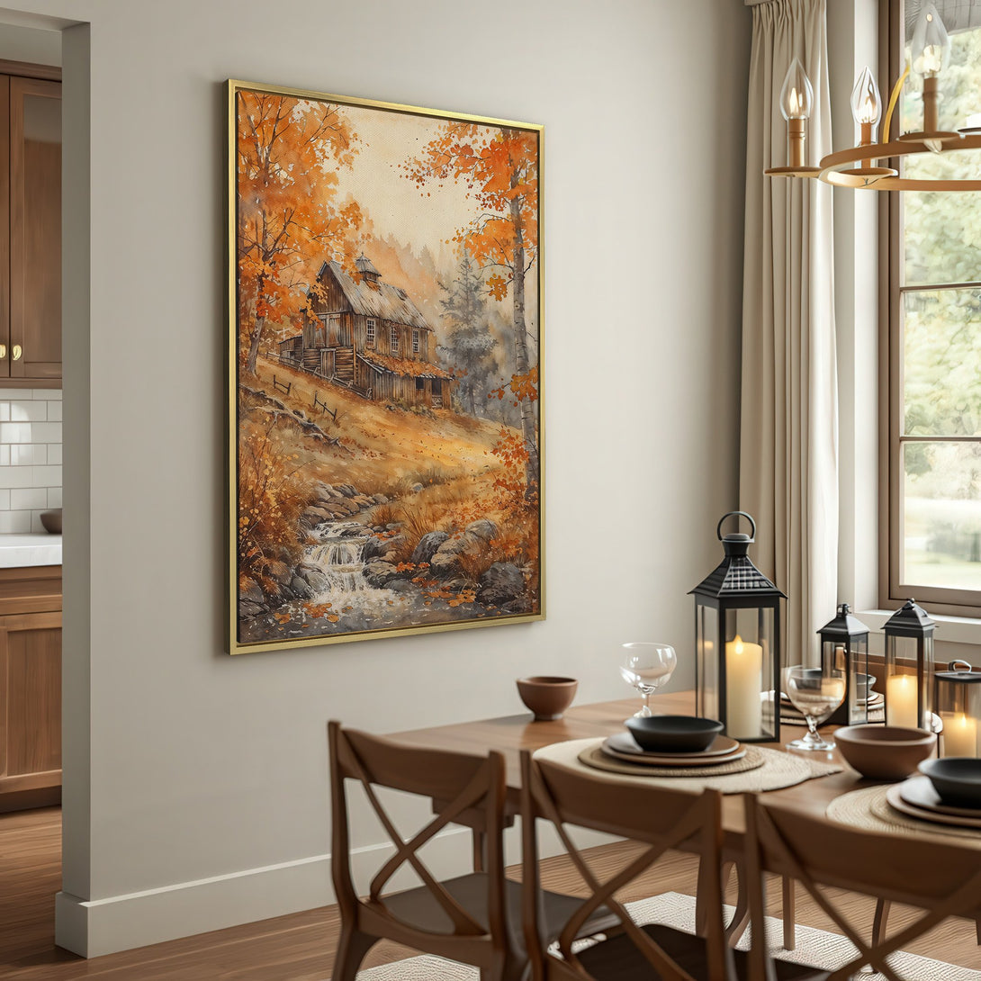 Canvas Print of a rustic cabin in a watercolor style, warm autumn color palette. Adds cozy charm to any space.