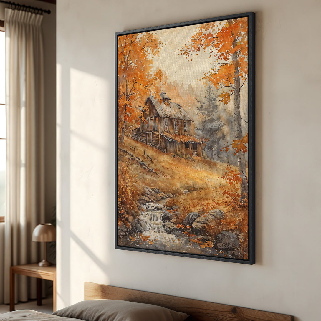 Framed Wall Art: Watercolor landscape of a rustic cabin in autumn. Warm orange and brown hues create a cozy, inviting scene for your home.