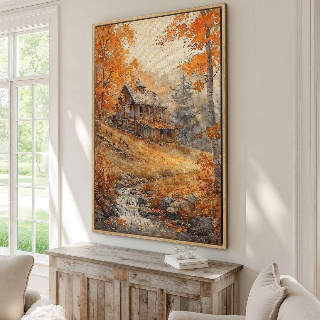 Framed Wall Art: Watercolor landscape of a rustic cabin in autumn colors. Warm orange & brown palette, perfect for cozy home decor.
