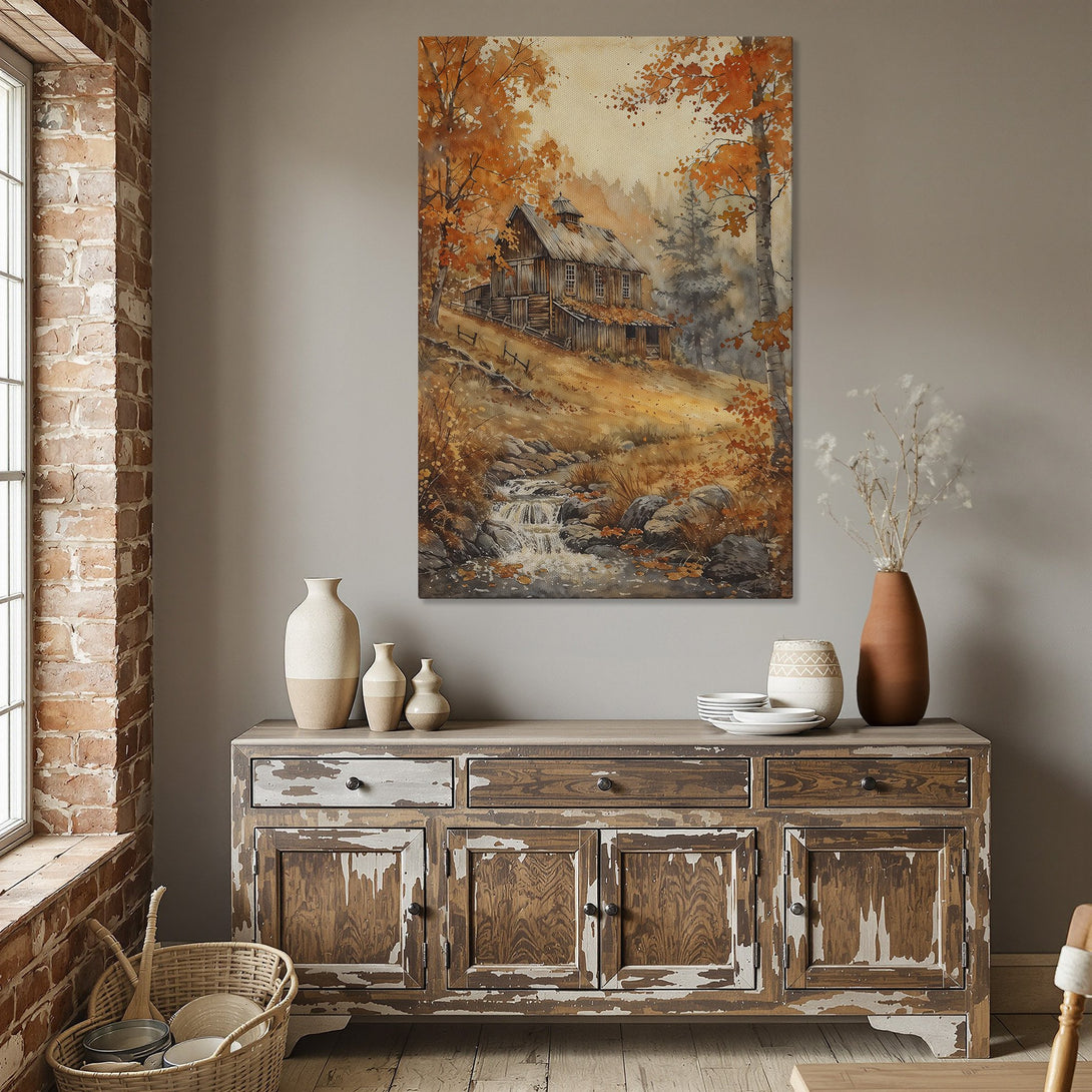 Framed Wall Art: Watercolor landscape Canvas Print with a rustic cabin in autumn colors. Warm orange and brown palette for cozy home decor.