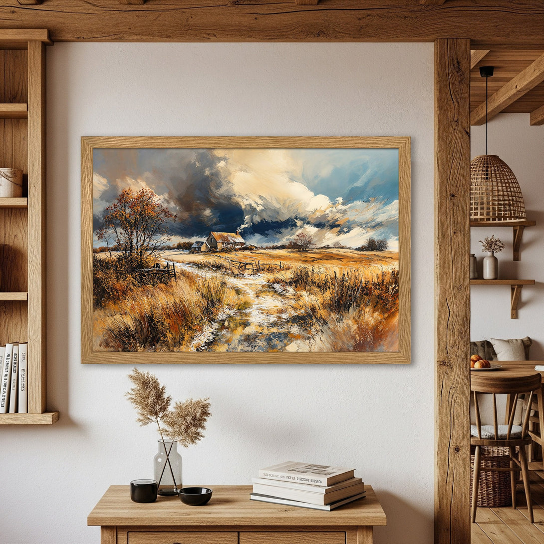 Framed Poster of a rural landscape painting in warm tones. Perfect for rustic home decor!