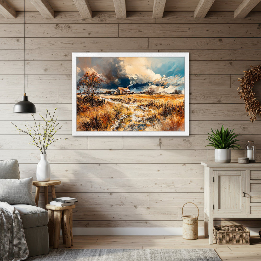 Framed Poster of a rustic landscape painting in warm earth tones. Perfect art for home decor, adds a cozy touch to any room.