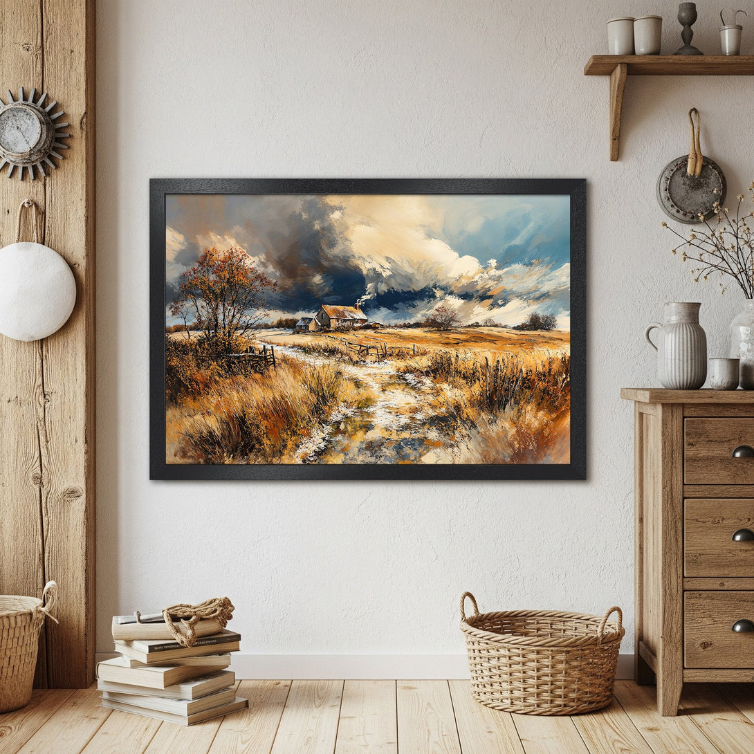 Framed Poster of a rustic landscape painting in warm, earthy tones. Perfect for adding a cozy touch to your home!