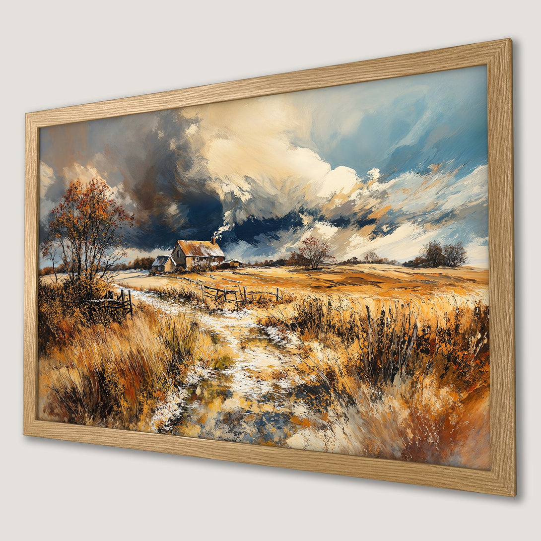 Framed Poster of a rural landscape painting in warm, earthy tones. Captures a cozy, rustic style with a dramatic sky.