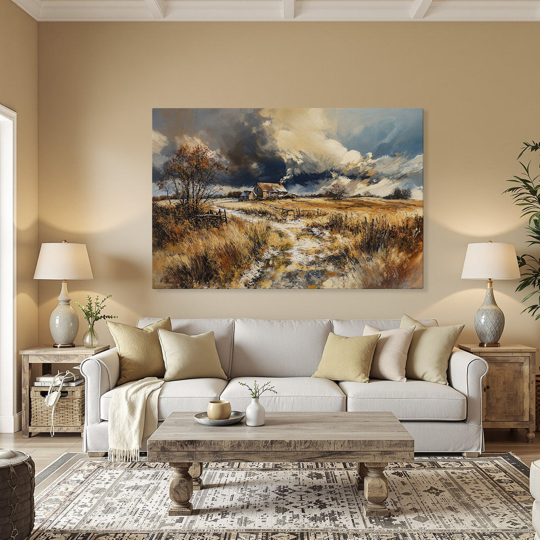 Framed Wall Art: Landscape Canvas Print with warm, earthy tones. Rustic farmhouse scene with a dramatic sky, perfect for any room.