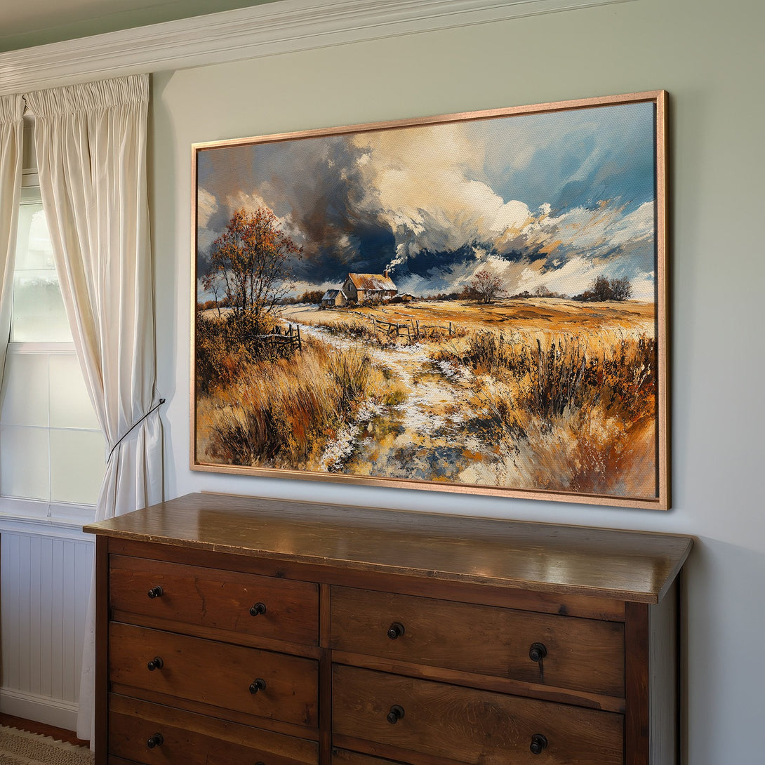 Framed Wall Art: Rustic landscape Canvas Print with warm, earthy tones. Perfect for adding a touch of nature and cozy charm to your home decor.