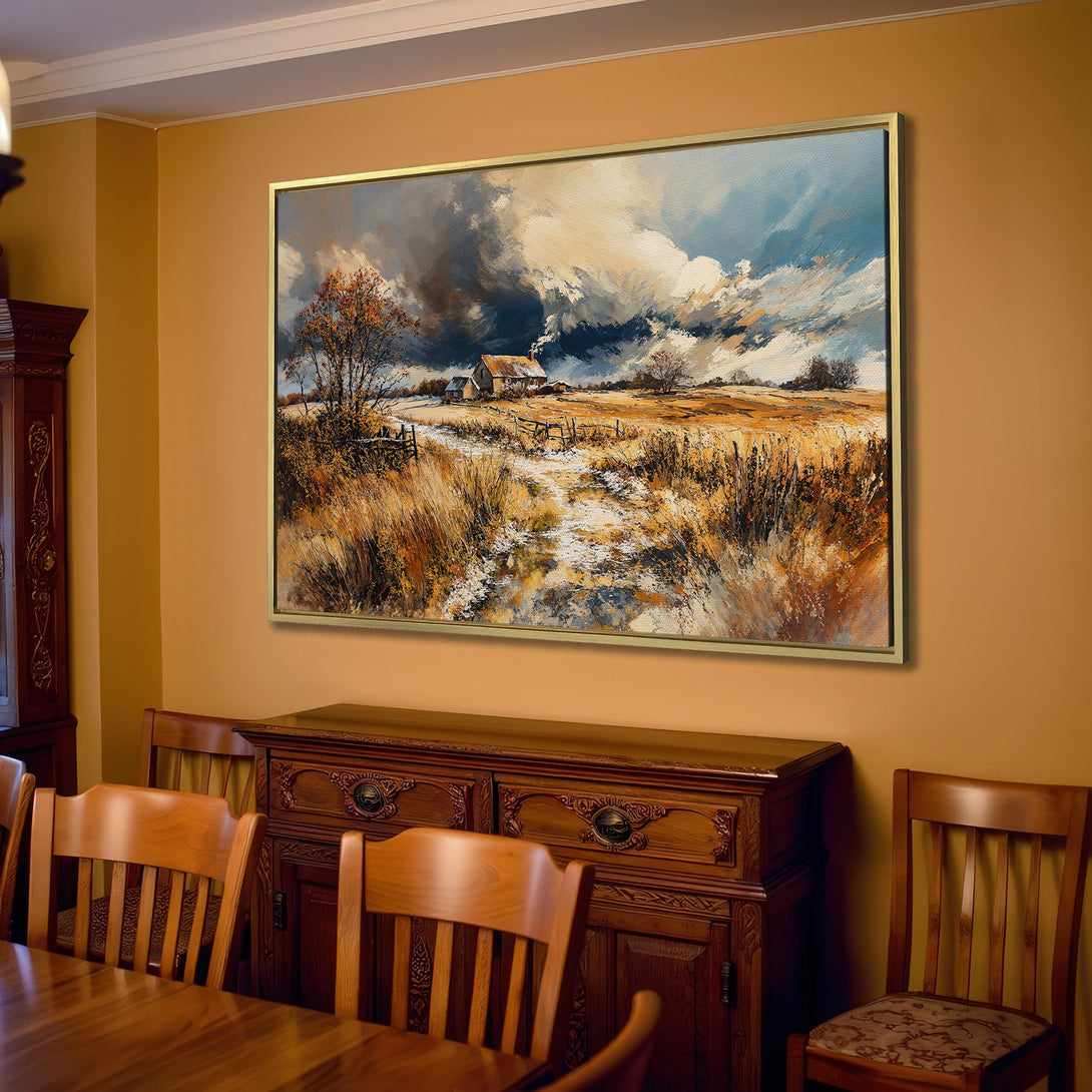 Canvas Print of a rustic landscape painting in warm, earthy tones. Perfect wall art for a cozy living room, showcasing a farmhouse style.