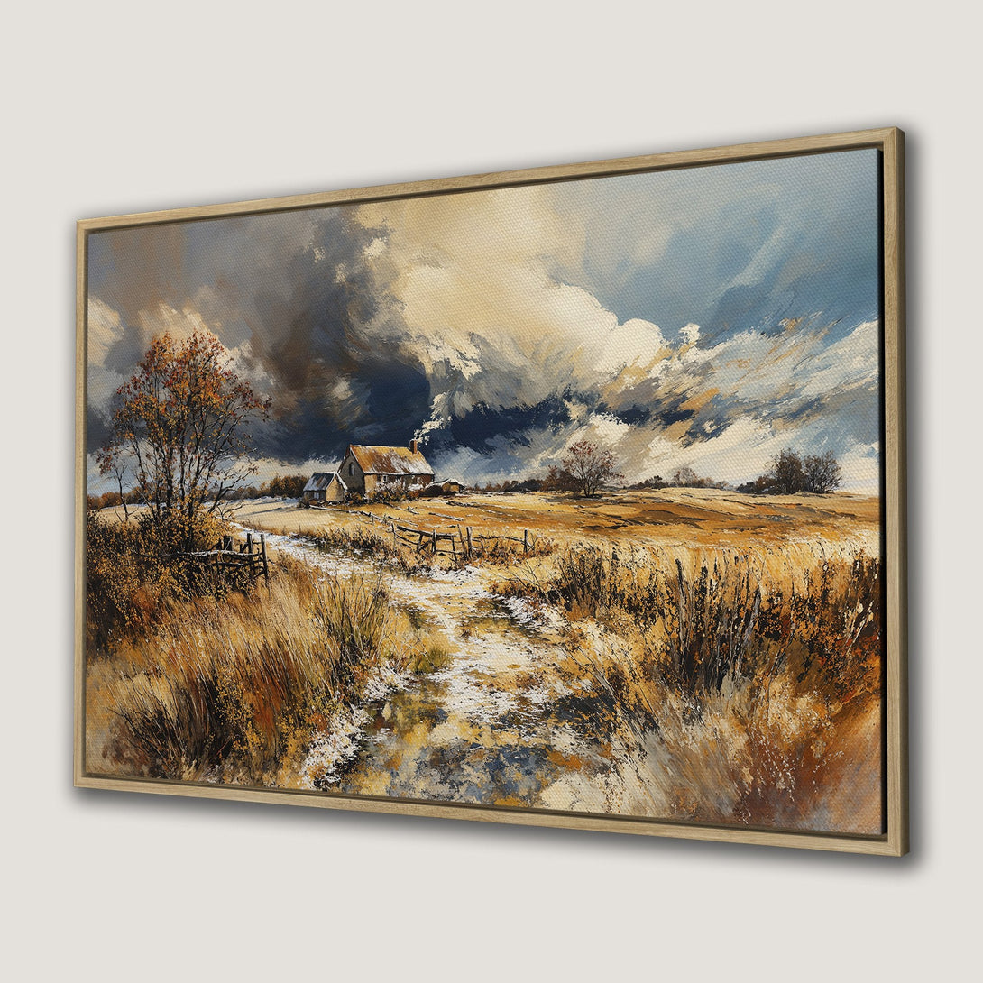 Framed Wall Art: Landscape painting of a rural scene with a dramatic sky. Warm, earthy tones and a textured, impressionistic style.