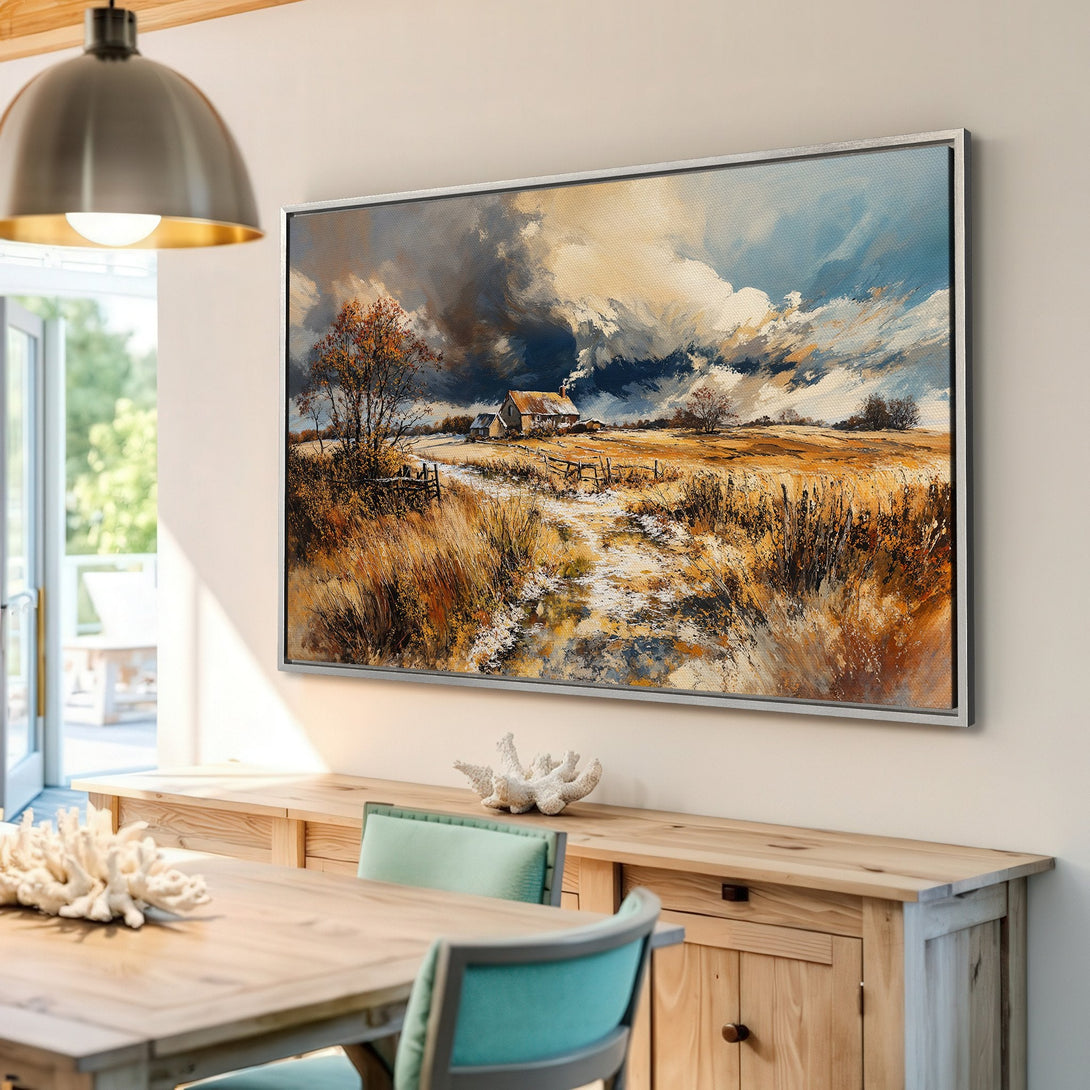 Framed Wall Art: Landscape painting with warm, earthy tones. Rustic farmhouse art in a modern interior. Enhance your home decor with this beautiful canvas print.