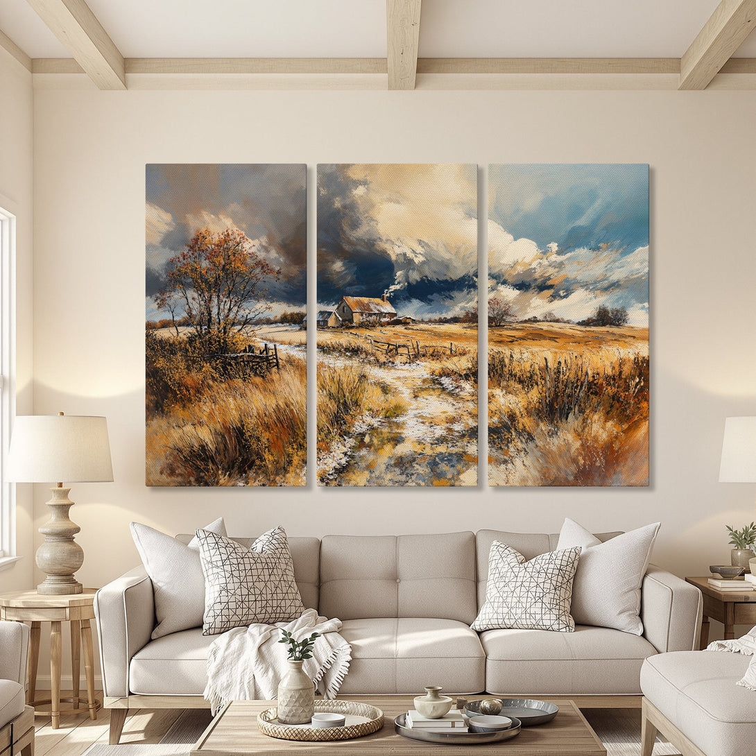 Canvas Print of a serene landscape painting in warm, earthy tones. Rustic farmhouse art with a moody sky and golden fields.
