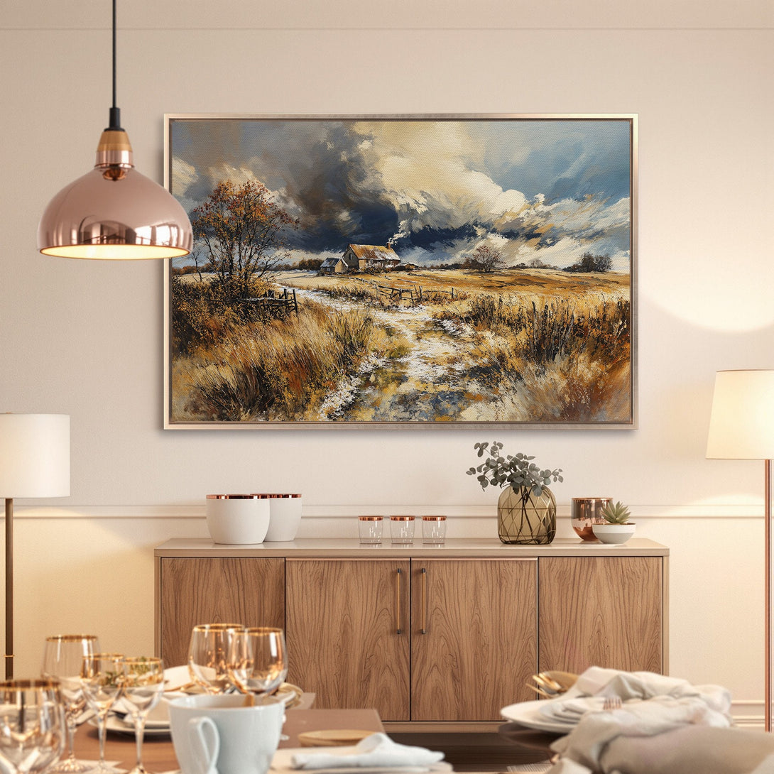 Framed Wall Art: Landscape painting in warm earth tones. Rustic countryside scene with a dramatic sky. Perfect for adding cozy style to your home.
