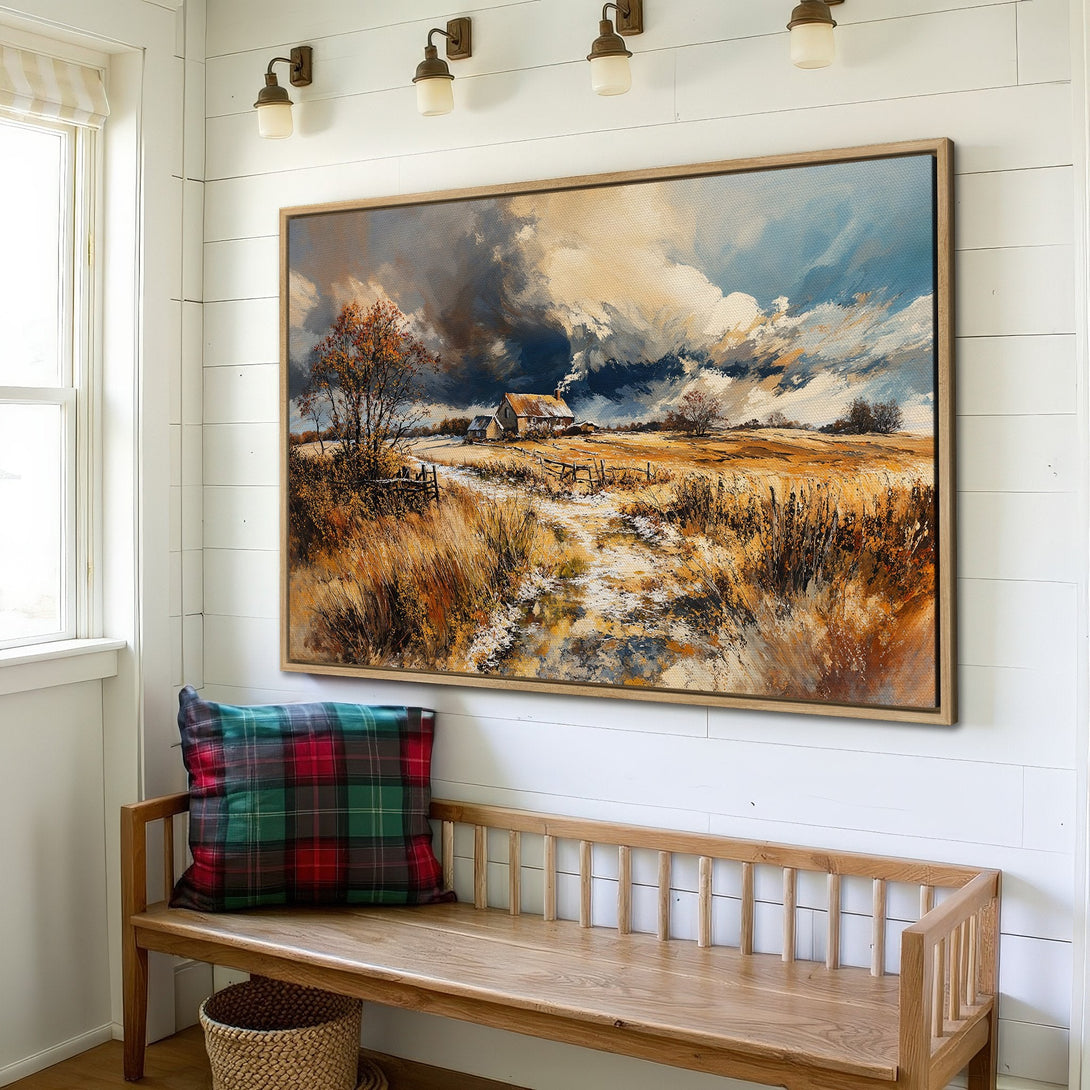 Framed Wall Art: Landscape Canvas Print with a rustic farmhouse scene in warm gold, brown, and blue tones. Perfect for cozy home decor.