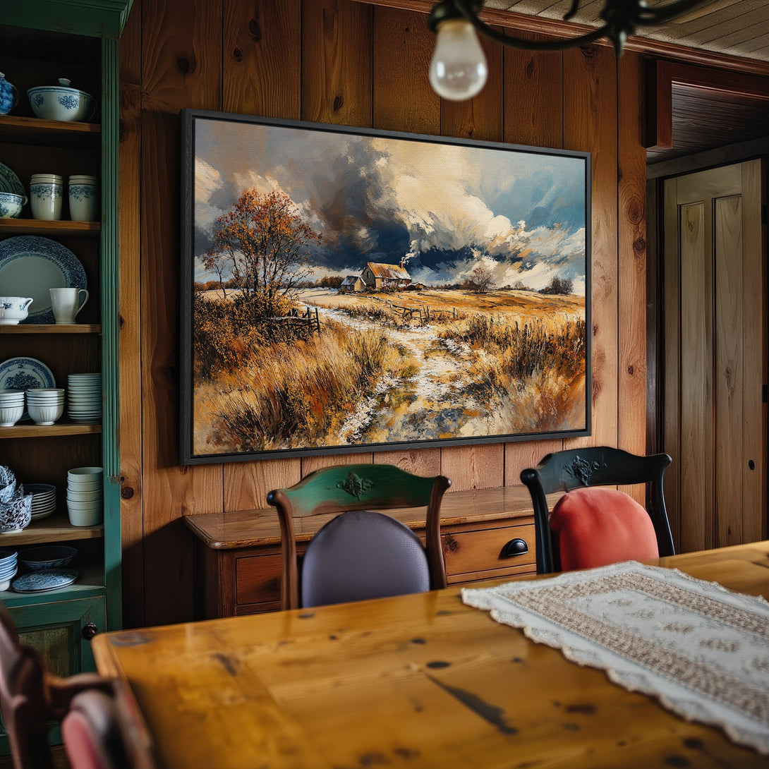 Framed Wall Art: Rustic landscape painting with warm gold and blue tones. Perfect for a cozy dining room. Enhance your space with this stunning Canvas Print!
