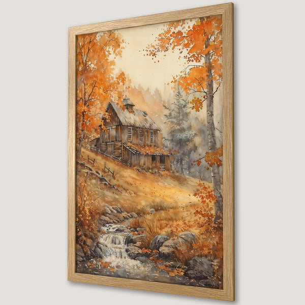 Framed Poster featuring a watercolor painting of a rustic barn in autumn with warm orange and brown tones. Perfect for cozy decor.