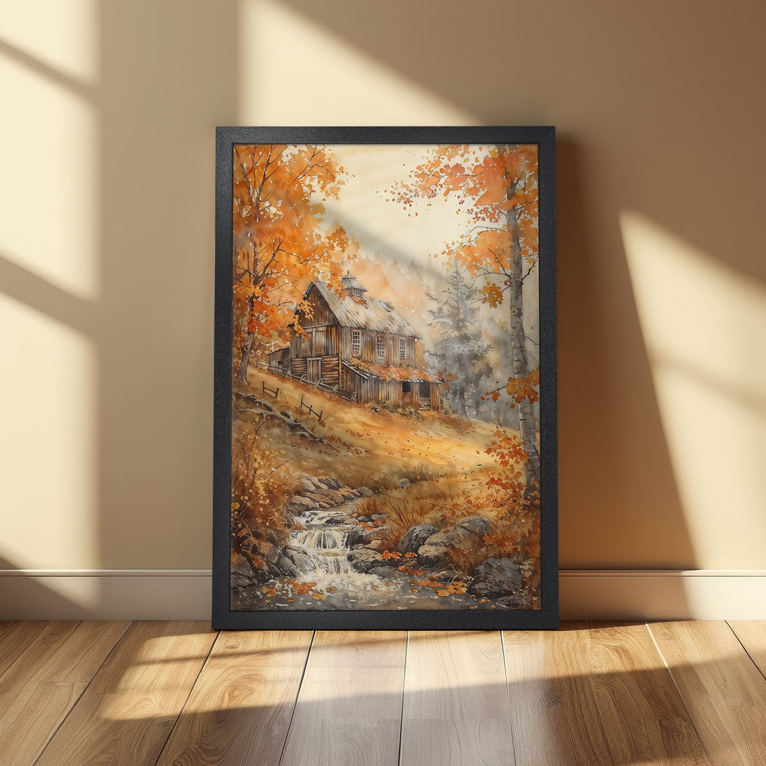 Framed Poster of a watercolor barn scene in autumn colors. Warm, inviting art for your home.