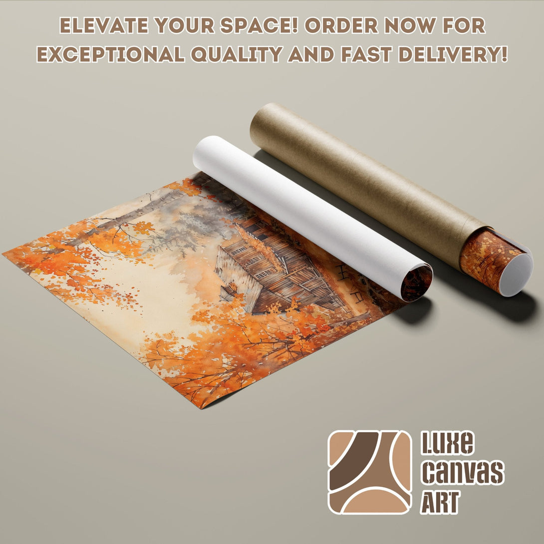 Watercolor Poster Roll featuring autumn landscape with warm orange and brown tones.