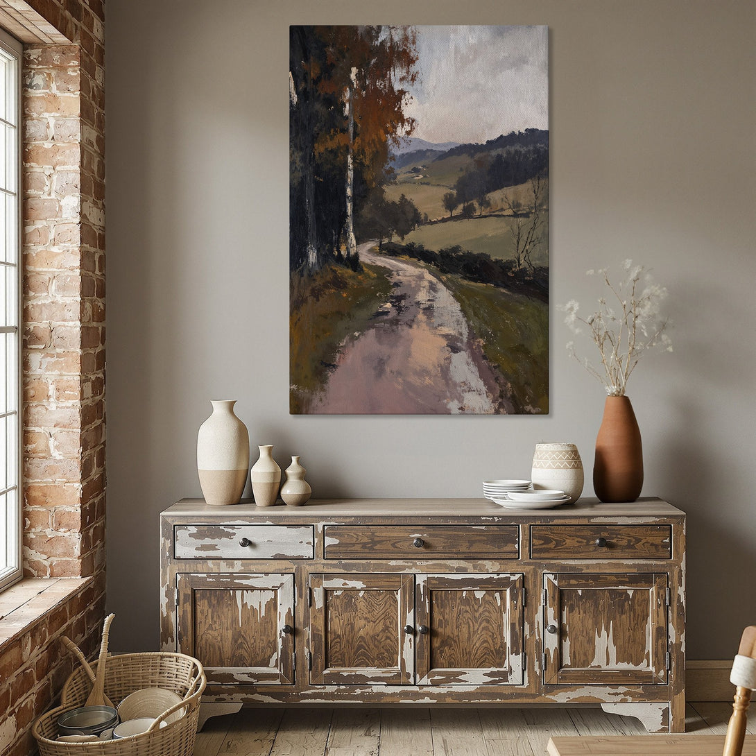 Framed Wall Art: Landscape painting in warm earth tones. Perfect for adding a touch of nature and elegance to your dining room decor. Shop now!