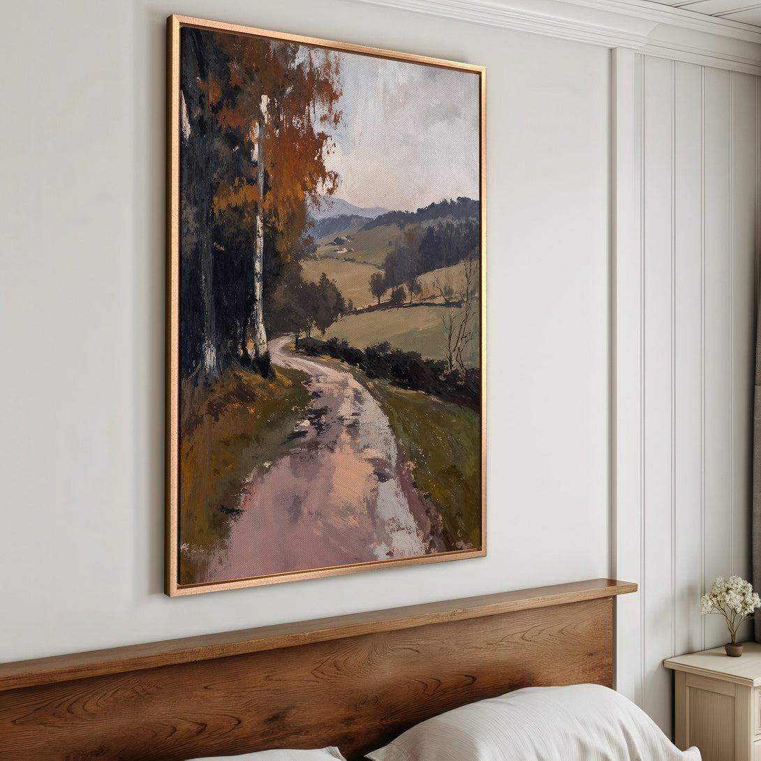 Framed Wall Art: Landscape Canvas Print in warm, earthy tones. Features a road through a field with trees, creating a serene, rustic aesthetic.