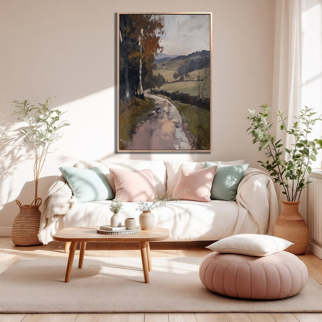 Framed Wall Art: Landscape painting in neutral tones. Enhance your living room with this serene artwork. Perfect for a calming, minimalist aesthetic.