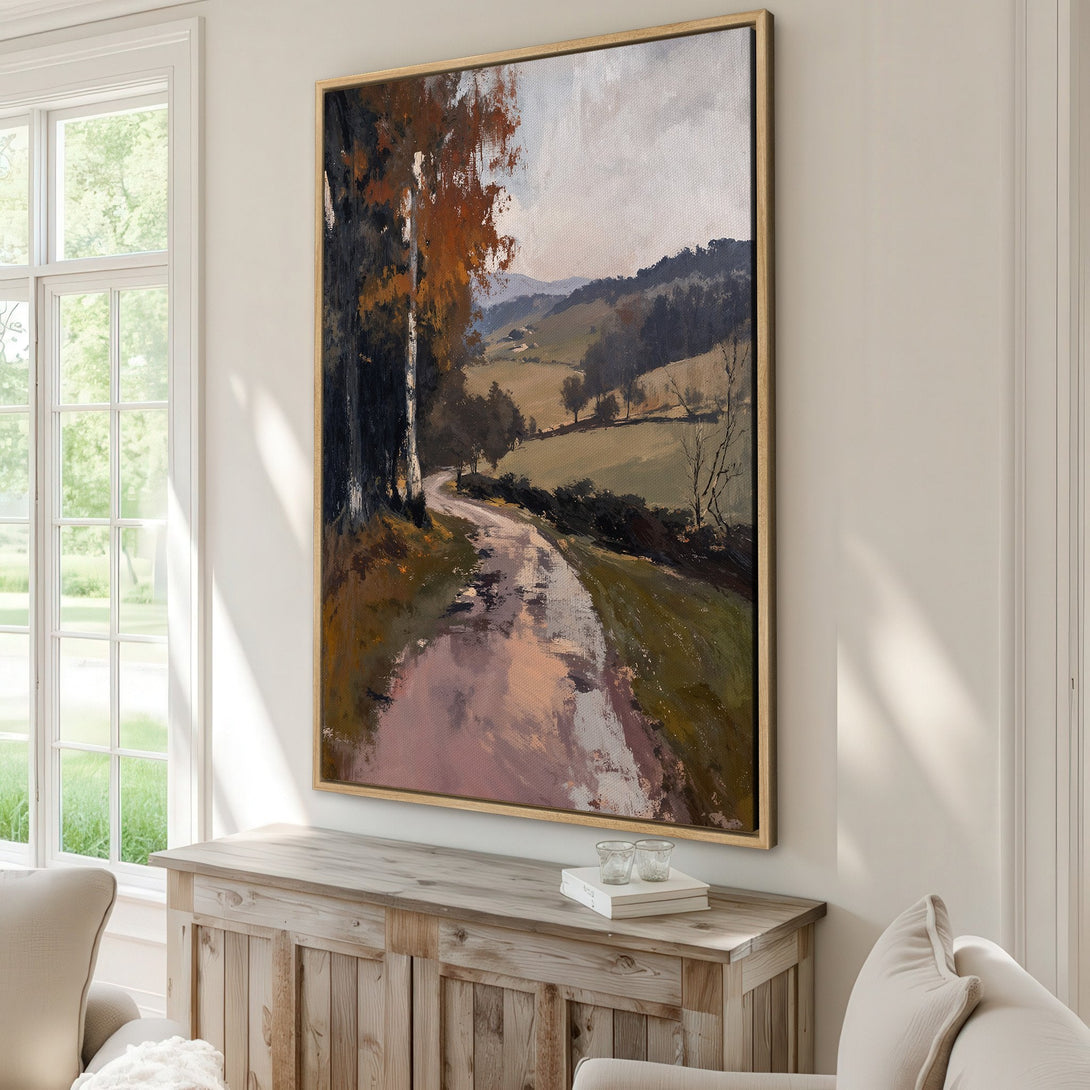 Framed Wall Art: Landscape painting with a winding road, featuring a warm, earthy color palette. Perfect for adding a touch of nature-inspired art to your home.
