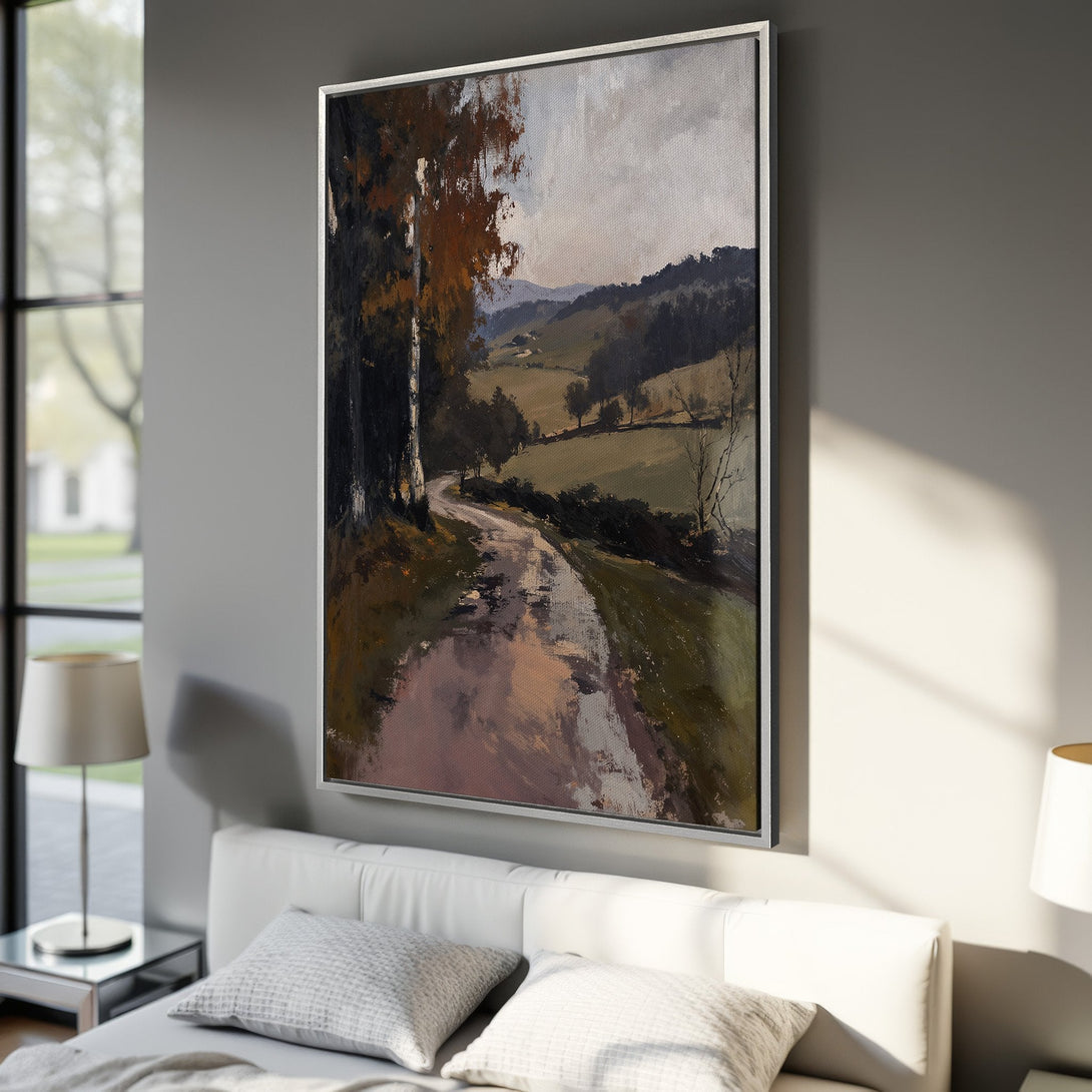 Framed Wall Art: Landscape painting canvas print in a bedroom. Features a road through a forest with a neutral color palette. Perfect for home decor.