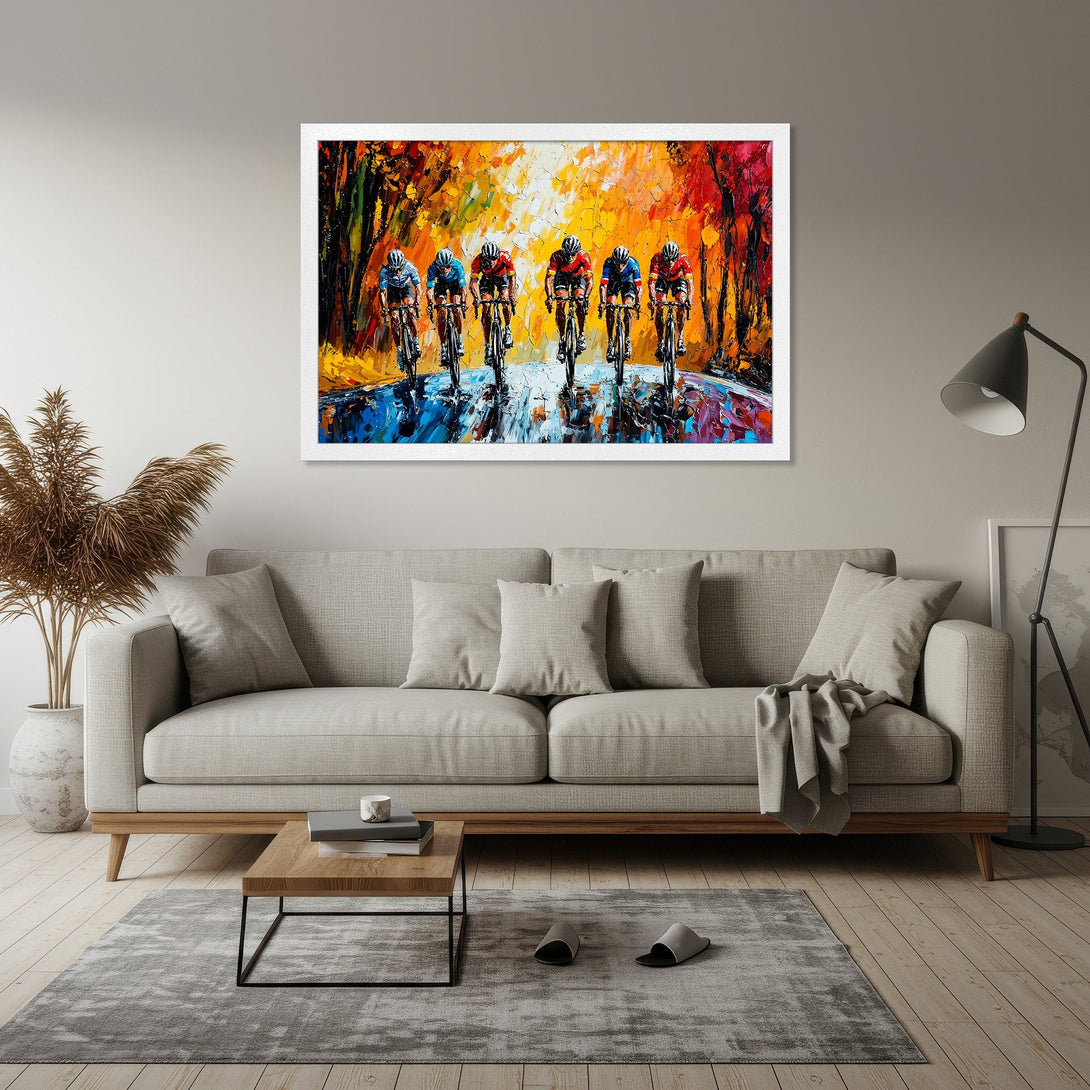 Framed Poster featuring cyclists in an impressionistic style with vibrant orange, red, and blue hues, perfect wall art for any space.