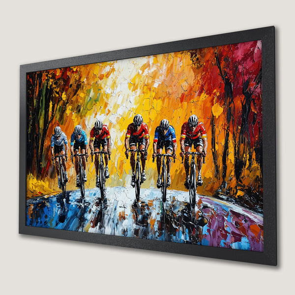 Framed Poster of cyclists racing. Impressionistic style with vibrant yellow, orange, and red color palette. Perfect wall art for sports fans.