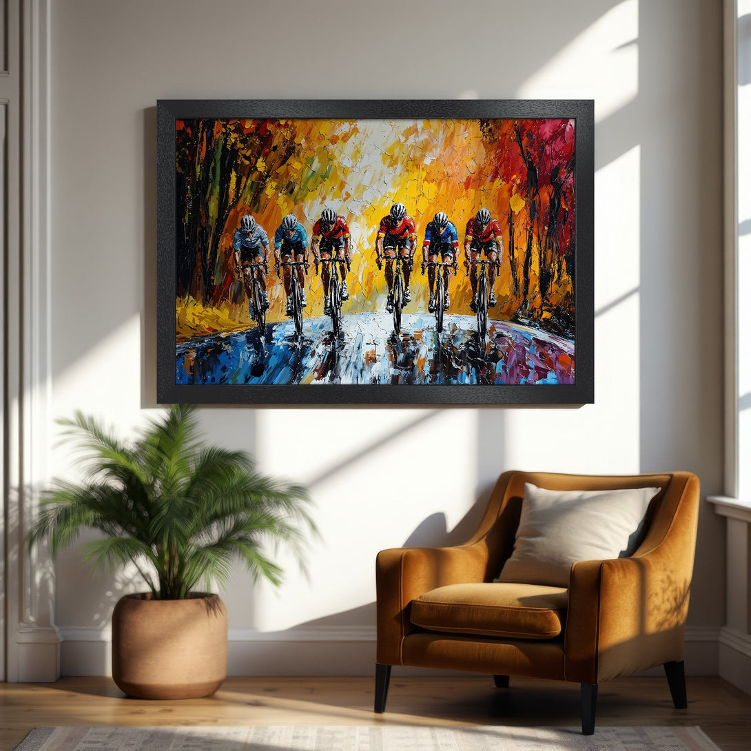 Framed Poster featuring cyclists in vibrant, impressionistic style with a warm, autumnal color palette. Perfect wall art!