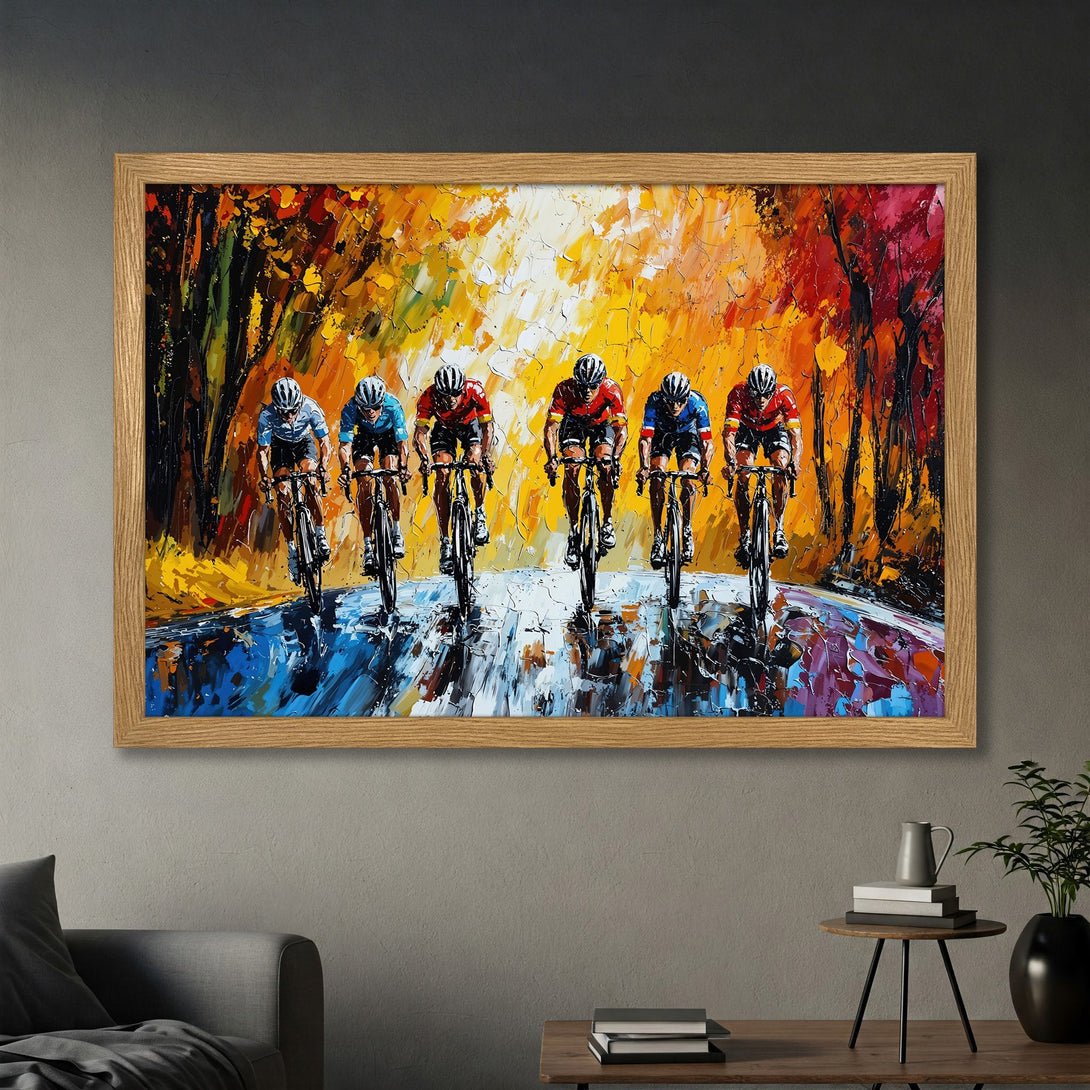 Framed Poster featuring cyclists in an impressionistic style with a vibrant, warm color palette of yellows, oranges, and reds. Perfect wall art!