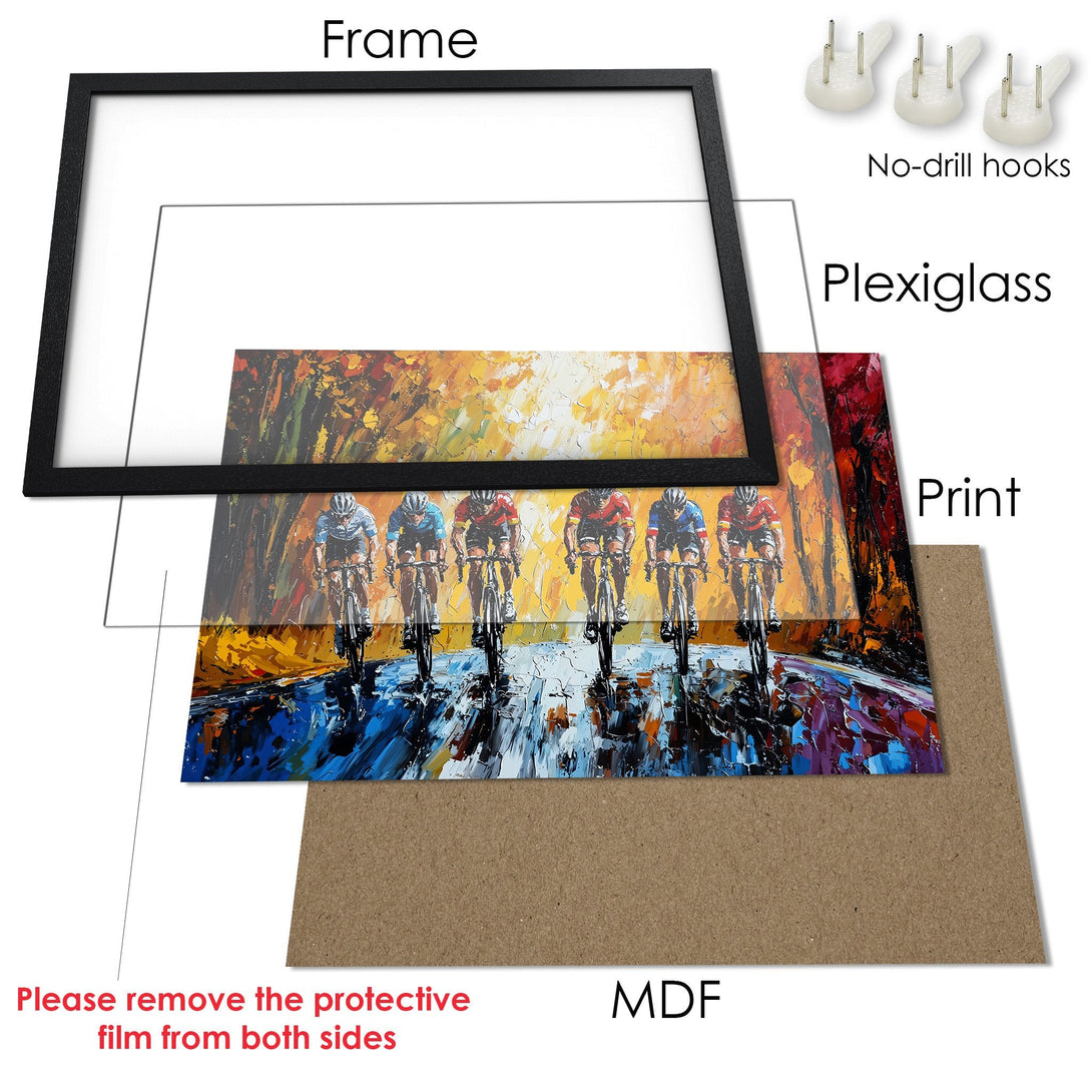 Framed Poster featuring cyclists in an impressionistic style with a warm, vibrant color palette. Perfect wall art!