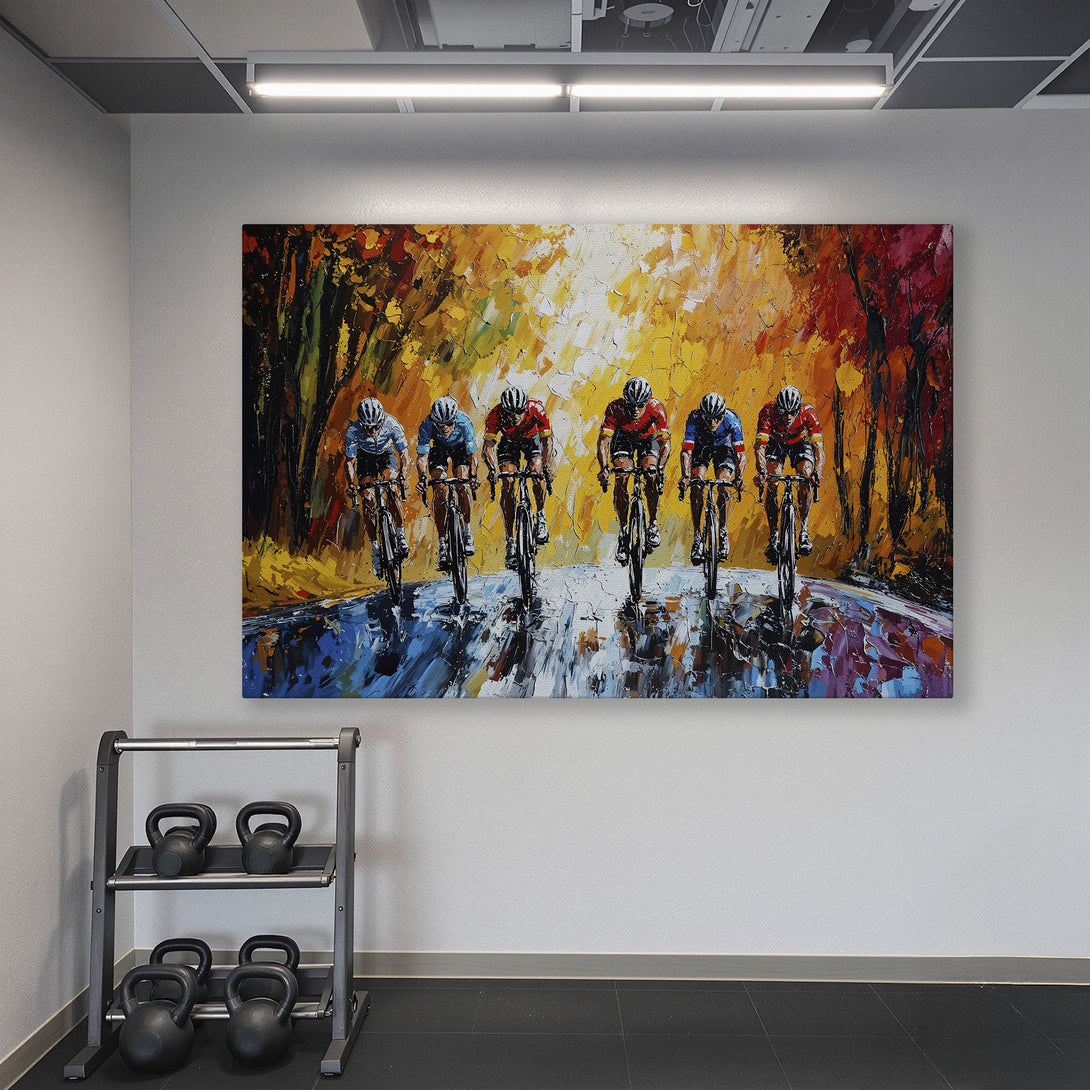 Framed Wall Art: Cyclists racing, impressionistic style with warm, vibrant colors. Perfect for adding energy to any space.