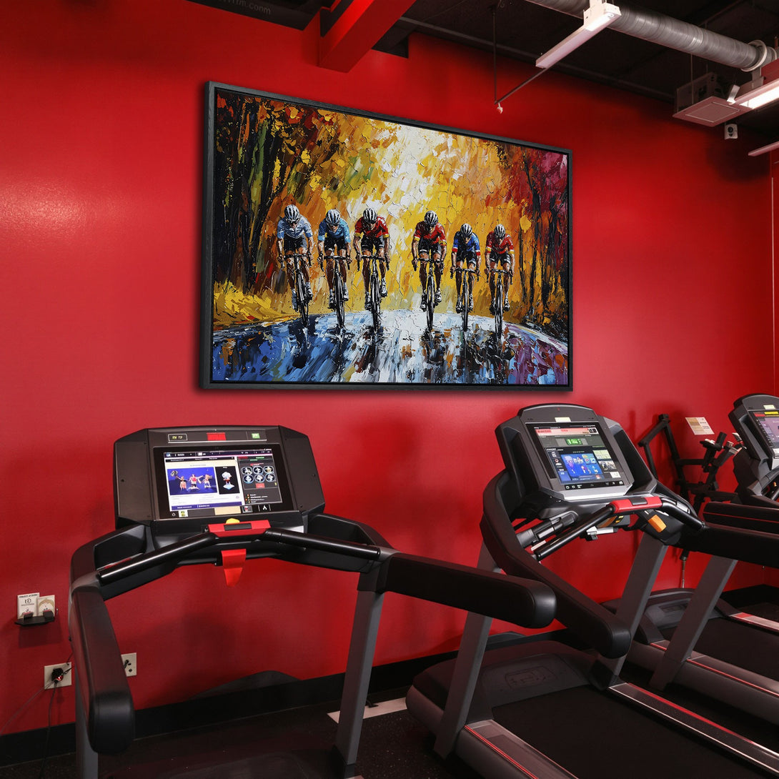 Framed Wall Art: Cyclists racing, vibrant oil painting style with warm yellow, red, and blue tones. Perfect for gym or home decor.