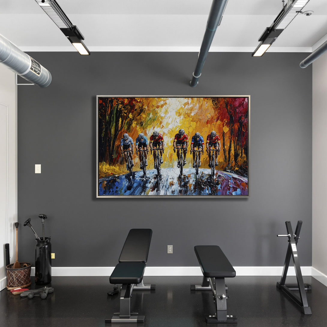 Framed Wall Art: Cyclists painting in a vibrant, impressionistic style with a warm color palette, displayed in a modern gym interior.