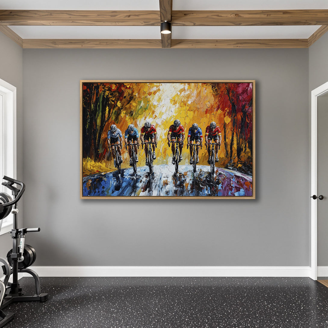 Framed Wall Art: Abstract oil painting of cyclists in action, vibrant warm color palette. Perfect for home decor, adds energy to any space.