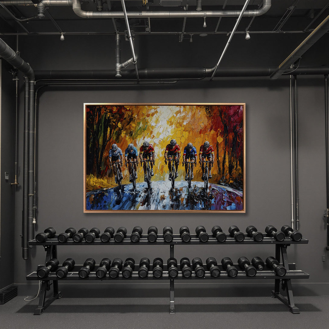 Framed Wall Art: Cyclists racing, vibrant oil painting style with warm orange, red, and blue tones. Perfect for a modern gym or home decor.