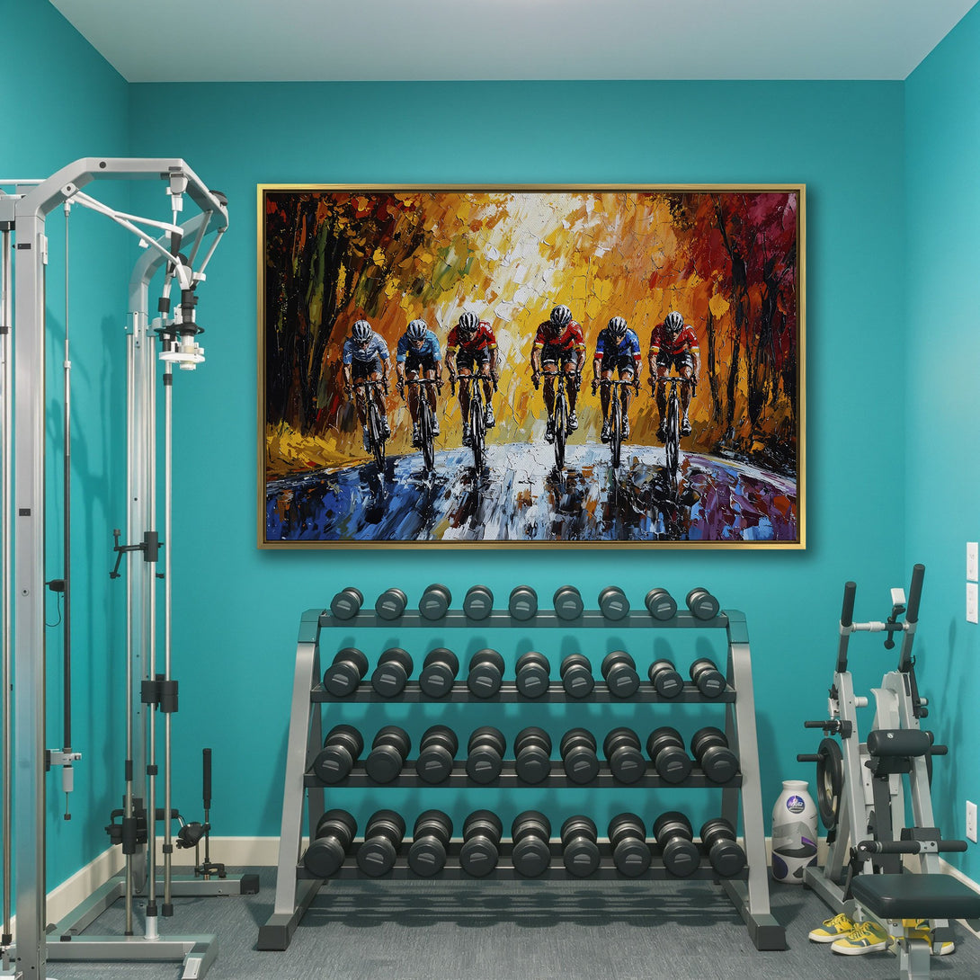 Canvas Print of cyclists in an impressionistic style with a vibrant warm color palette. Perfect wall art for home or office!