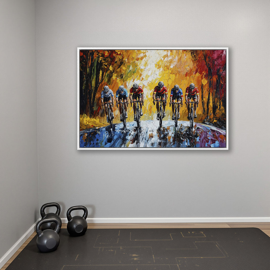 Framed Wall Art: Cyclists racing, impressionistic style with vibrant orange, yellow, and red hues. Perfect for adding energy to any space.