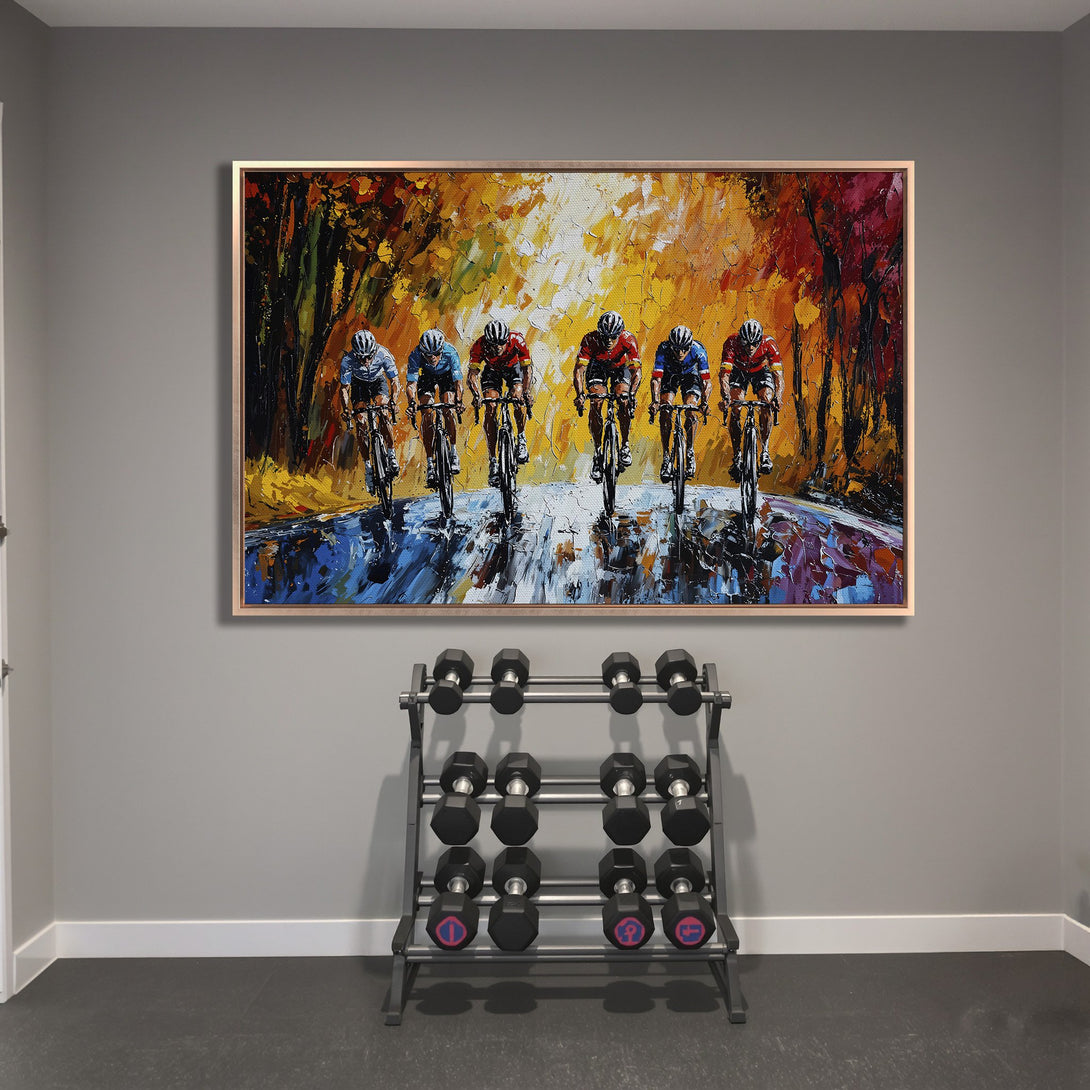 Framed Wall Art: Abstract painting of cyclists in motion, vibrant orange, red, and blue color palette. Perfect for home gym decor.