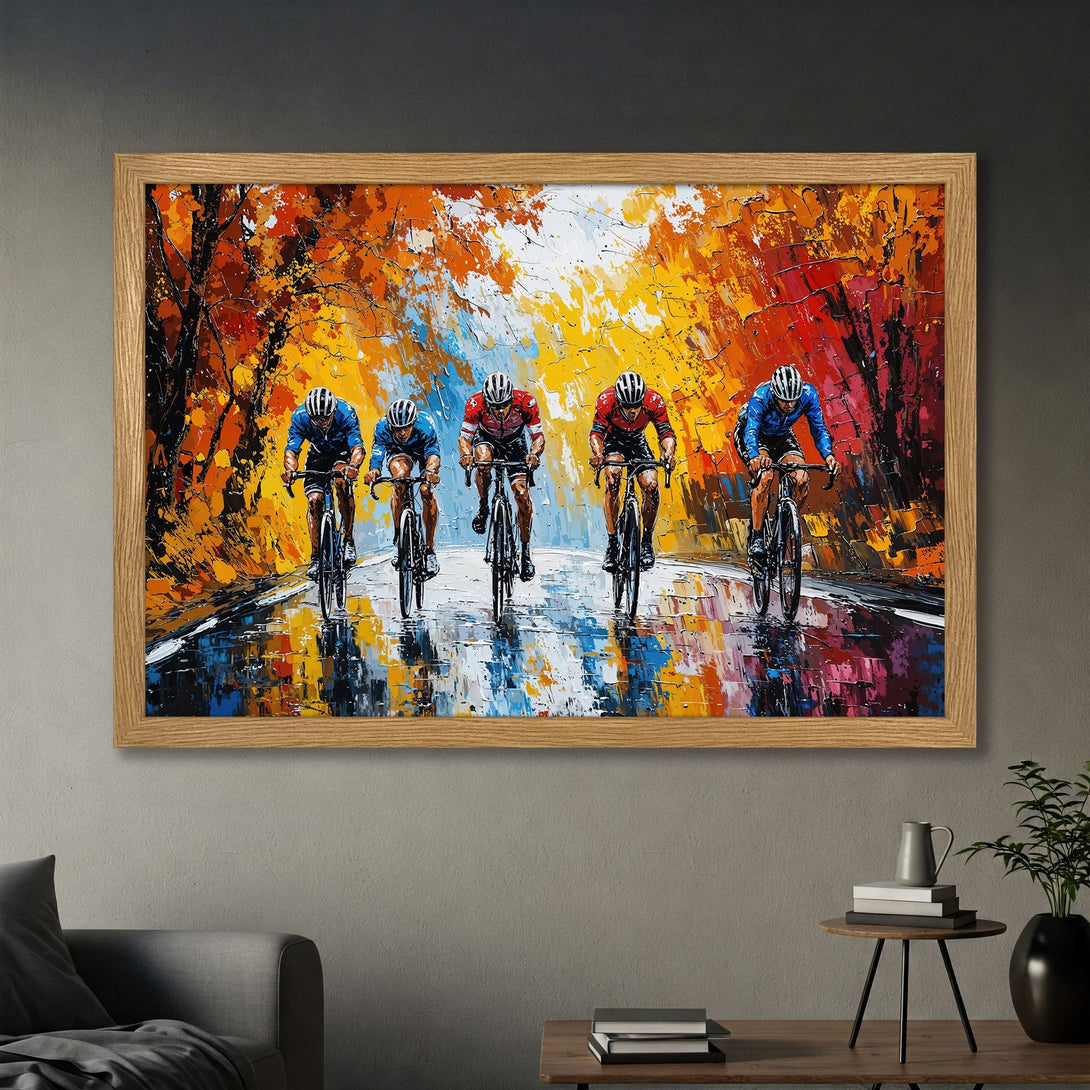 Framed Poster of cyclists racing, impressionist style, vibrant orange, yellow, blue, and red color palette. Perfect wall art!