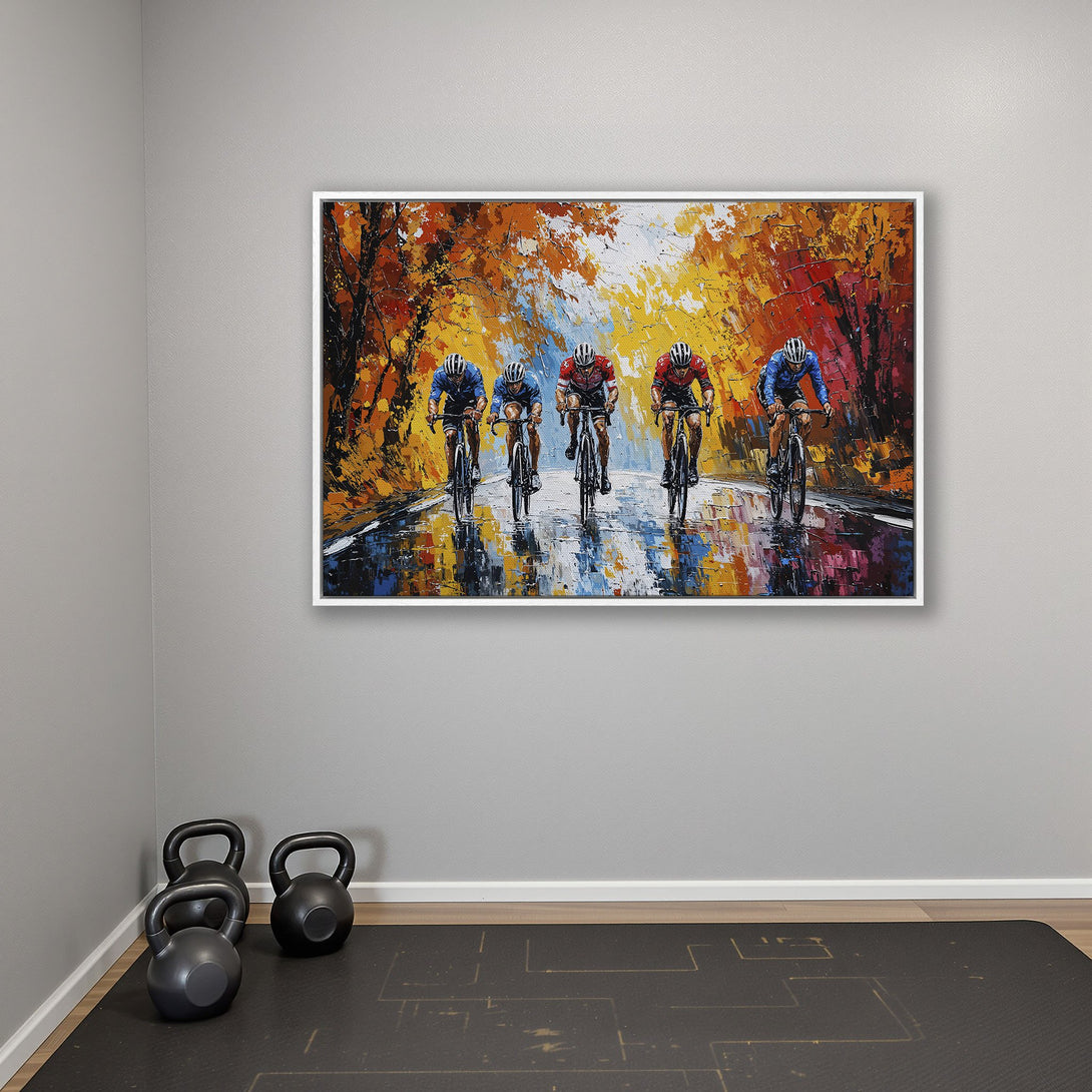 Framed Wall Art: Cyclists racing through autumn forest. Impressionist style with vibrant orange, yellow, and blue hues. Perfect for adding energy to any space.
