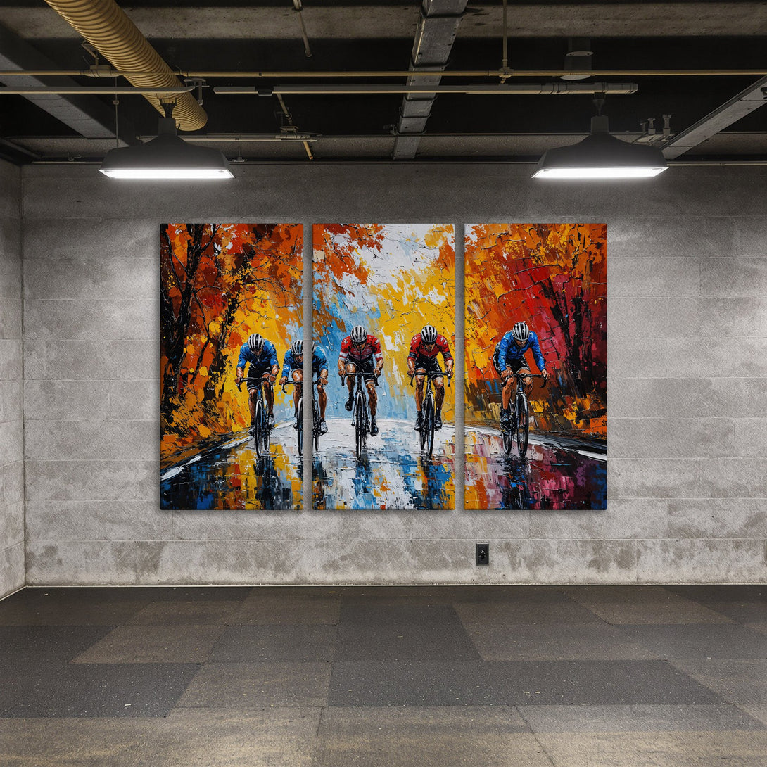 Canvas Print of cyclists in vibrant, impressionistic style. Features a warm, autumn color palette with reds and oranges. Perfect wall art!