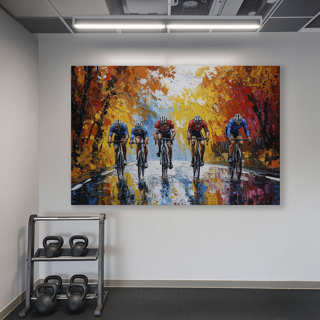 Framed Wall Art: Cyclists racing on a wet road, vibrant autumn colors. Perfect for home gyms! Enhance your space with this stunning canvas print.