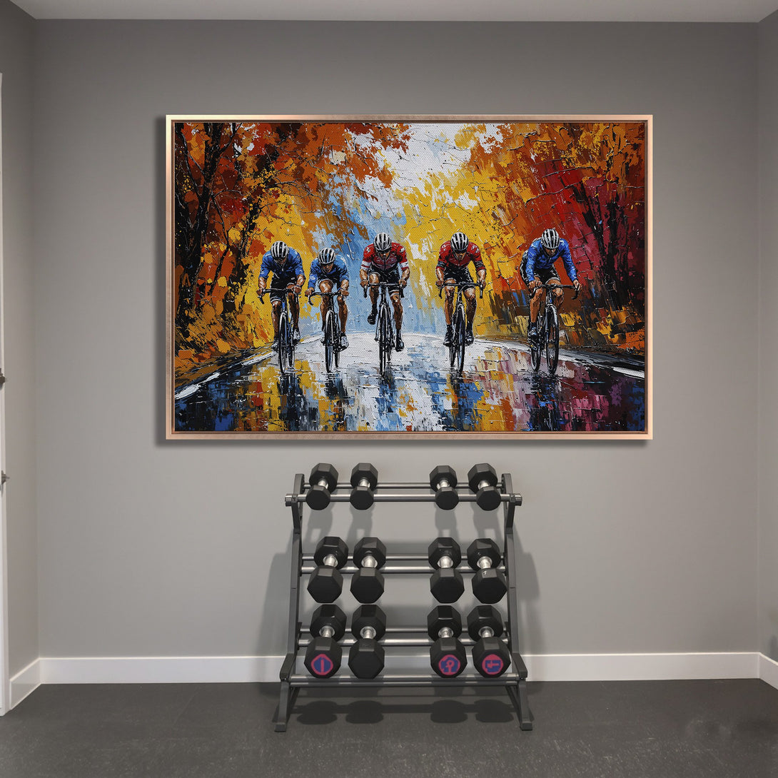 Framed Wall Art: Cyclists racing, impressionist style, vibrant orange, yellow, and red hues. Perfect for home gym decor!
