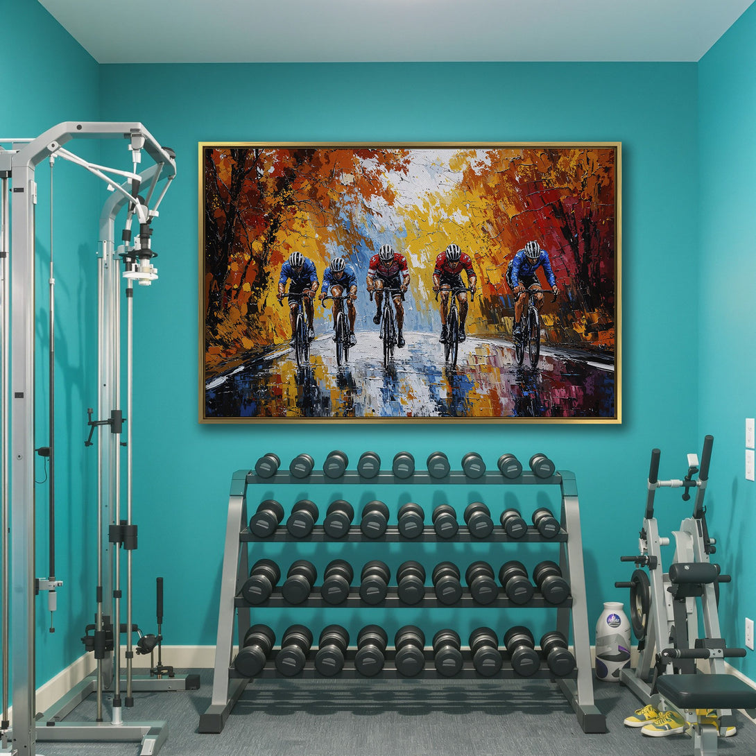 Canvas Print: Cyclists racing through autumn landscape. Impressionistic style with vibrant orange, yellow, and blue hues. Perfect wall art for any space.
