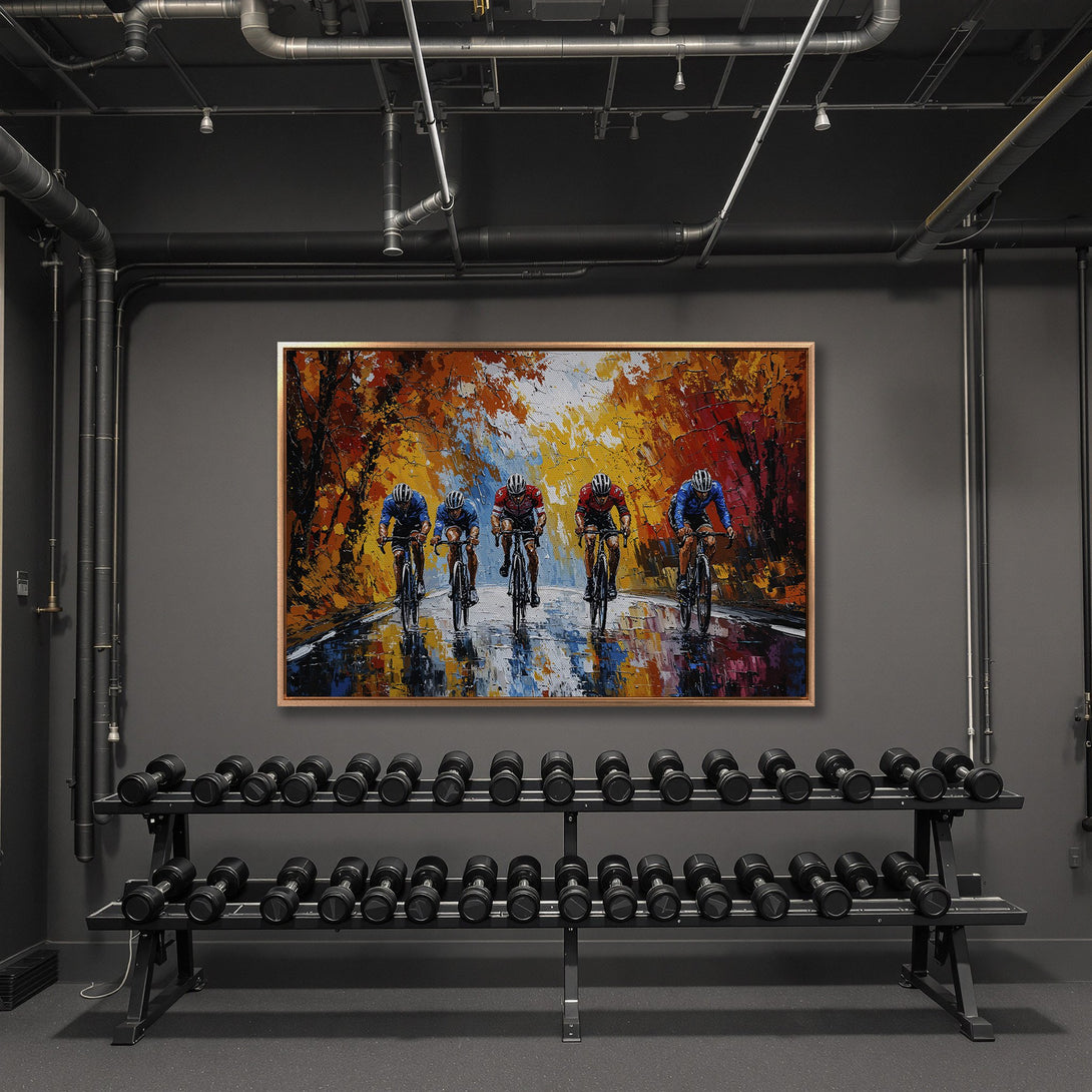 Framed Wall Art: Cyclists racing through autumn landscape. Impressionistic style, warm orange, red, and yellow color palette. Perfect for home or gym decor.
