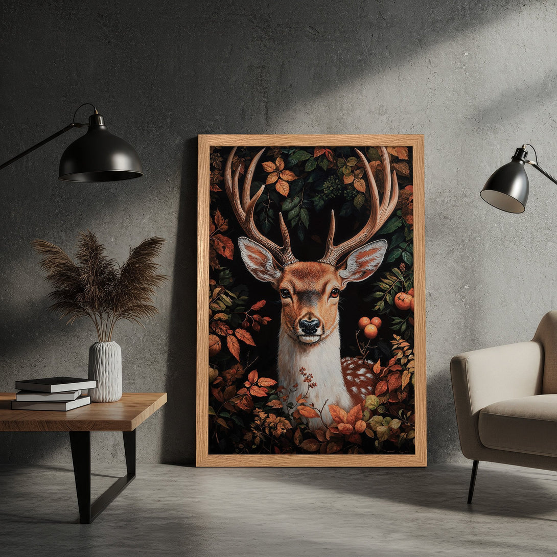 Framed Poster of a majestic deer in a forest setting. Warm autumnal color palette, classic style. Perfect wall art.