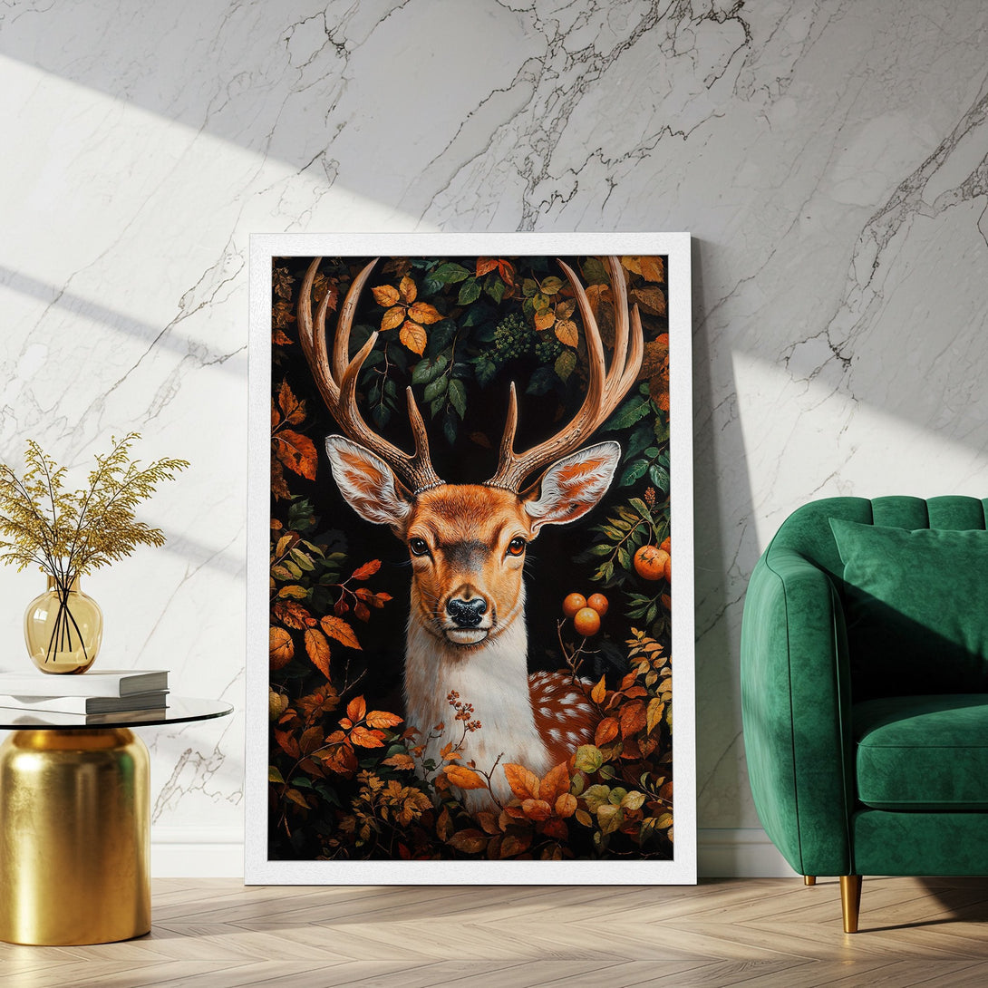 Framed Poster featuring a majestic deer in a forest setting. Warm autumn color palette. Perfect wall art for your home!