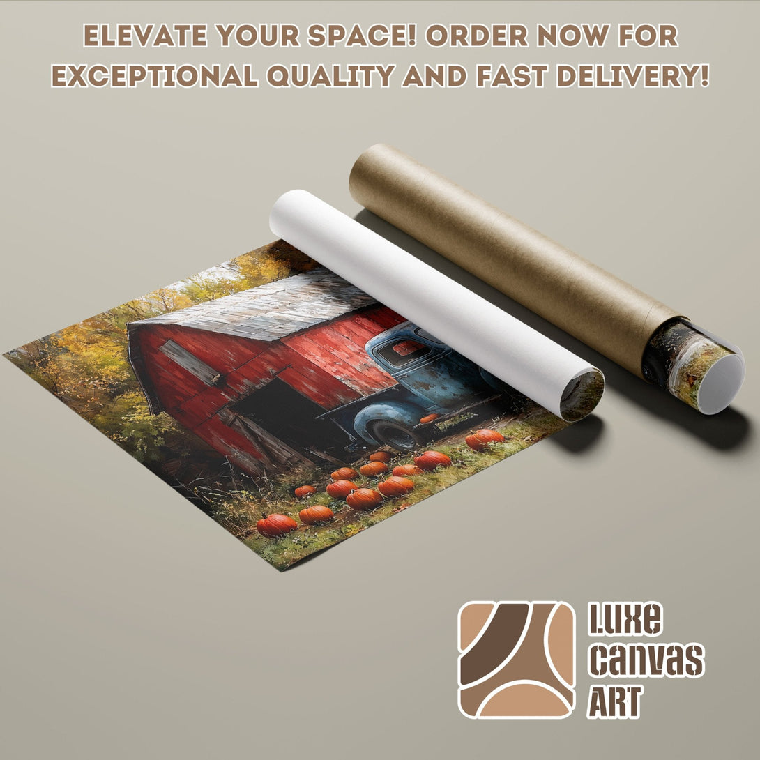 Poster Roll featuring a rustic barn, truck, and pumpkins. Warm autumn colors. Order yours today!
